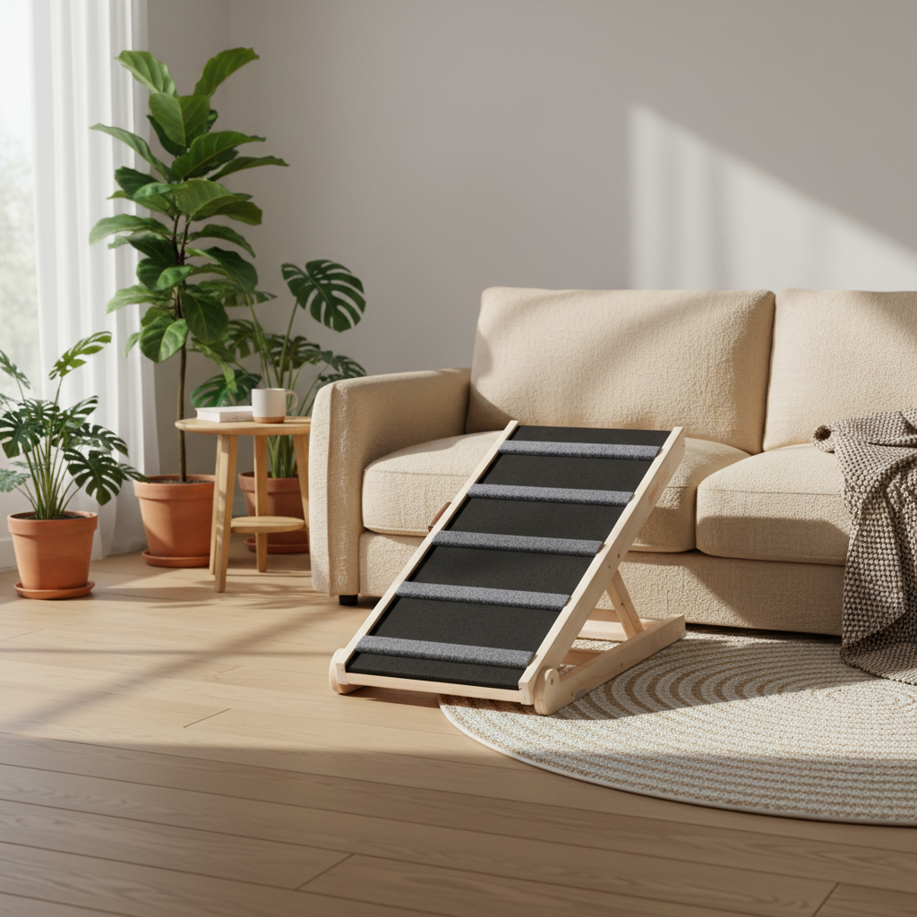 Wooden ramp for pets in front of a sofa in a living room setting
