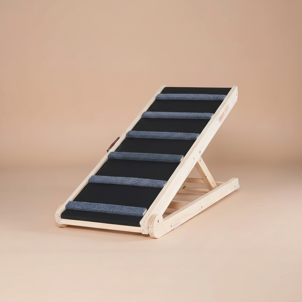 Wooden ramp for pets with a black surface and ridges, on a beige background
