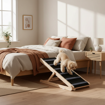 Dog climbing down a wooden ramp next to a bed in a bedroom setting