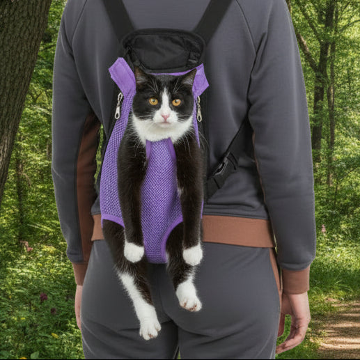 Person wearing a backpack with a cat in a purple carrier in a forest setting