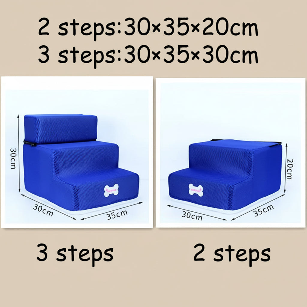 Blue pet steps with dimensions labeled for 2 and 3 steps on a white background.