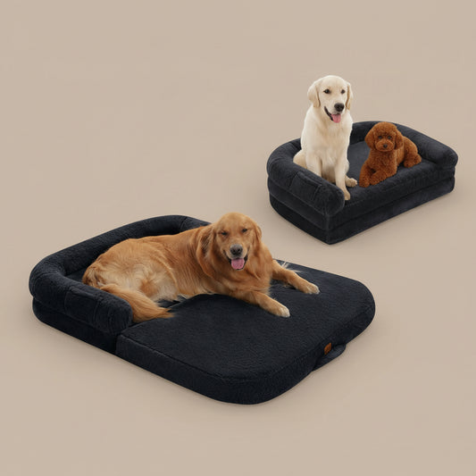 Dark Grey/Black pet bed with dogs on a beige background