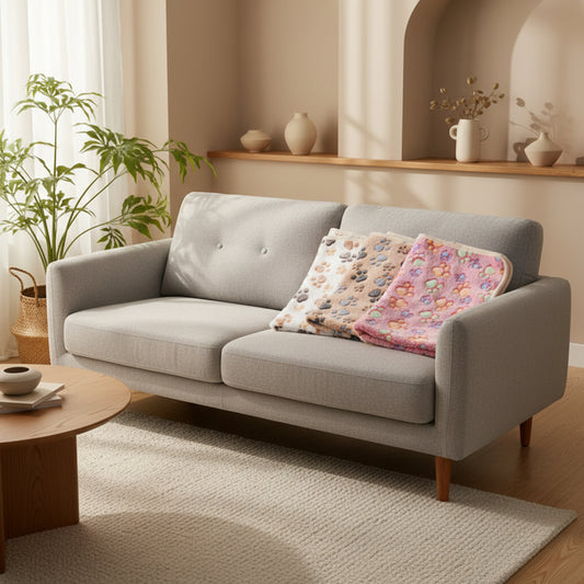 Three fleece blankets with paw print patterns on a gray sofa.