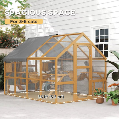 Large Catio Outdoor Cat Enclosure for Multiple Kittens, Wooden Cat House with Waterproof Cover, Walk in Kitty Cage Kennel With