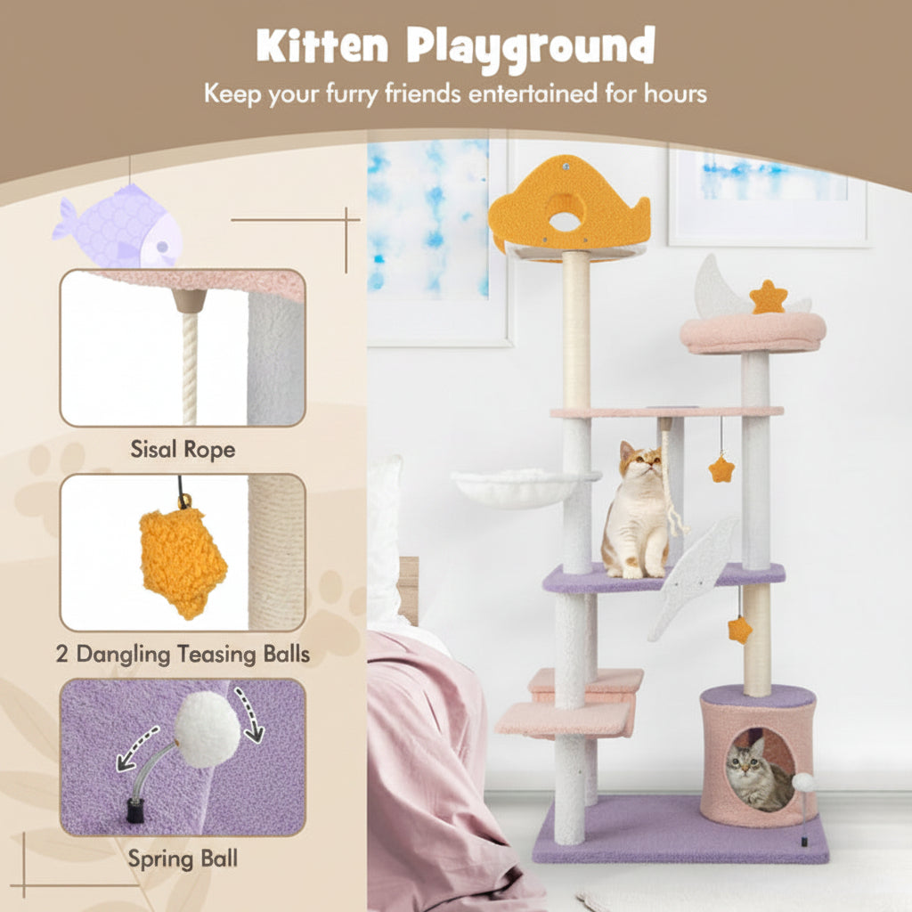Cat play tree with various interactive elements on a beige background
