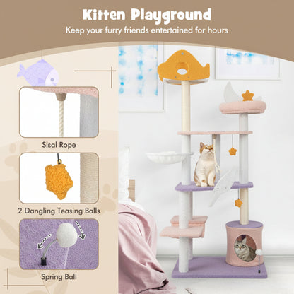 Cat play tree with various interactive elements on a beige background