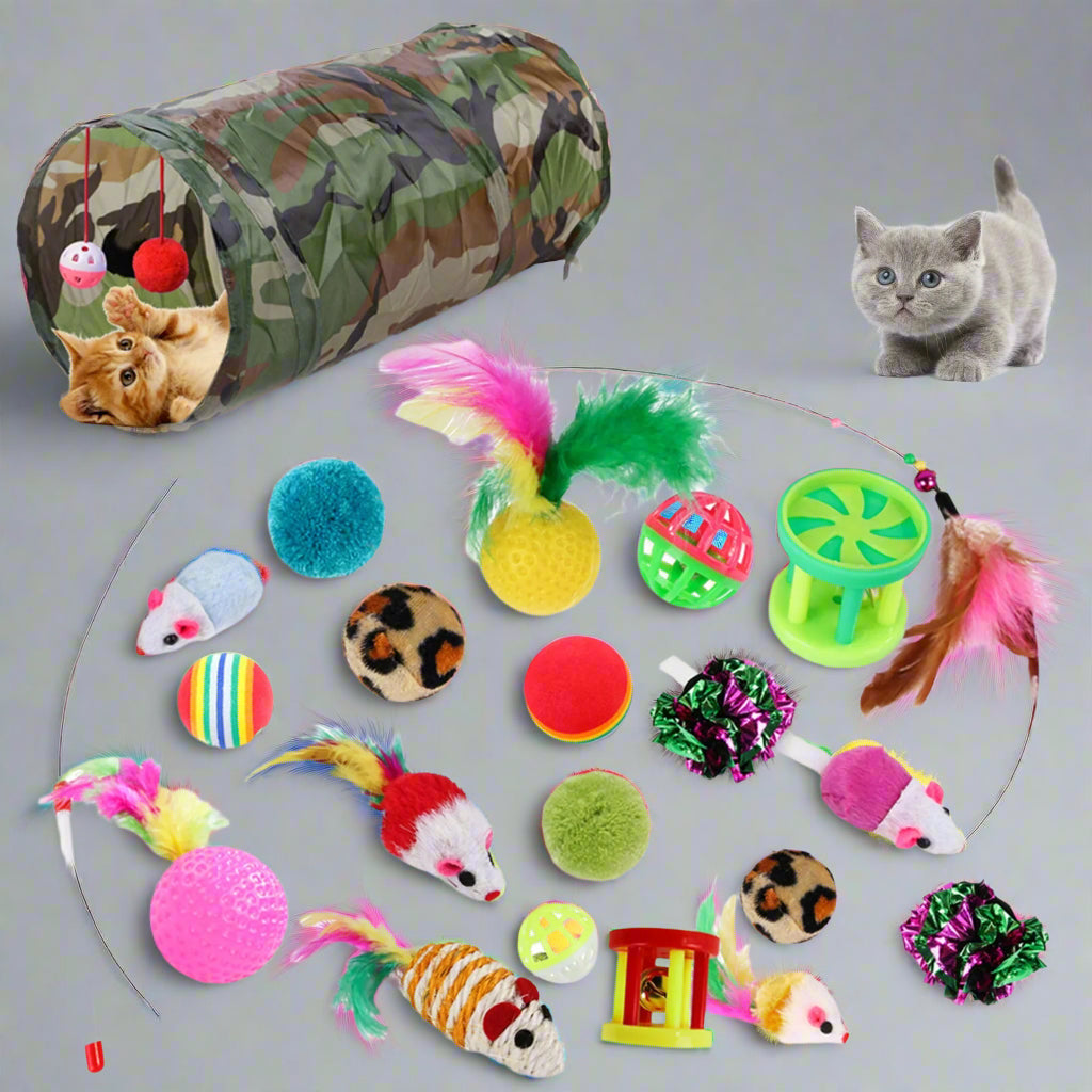 21PCS Cat Toys Kitten Toy Set Folding Camouflage Cat Tunnel Indoor Interactive Pet Toys Teaser Cat Feather Toy Colourful Mouse Plush Ball Bell Ball Toy Kit Kitten Puppy