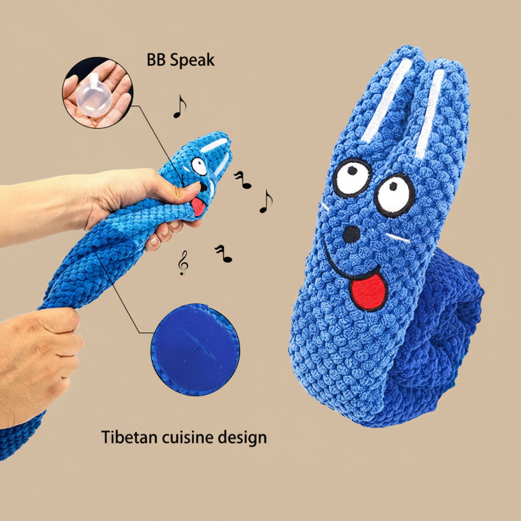 Blue toy with a face, held by a hand, on a white background