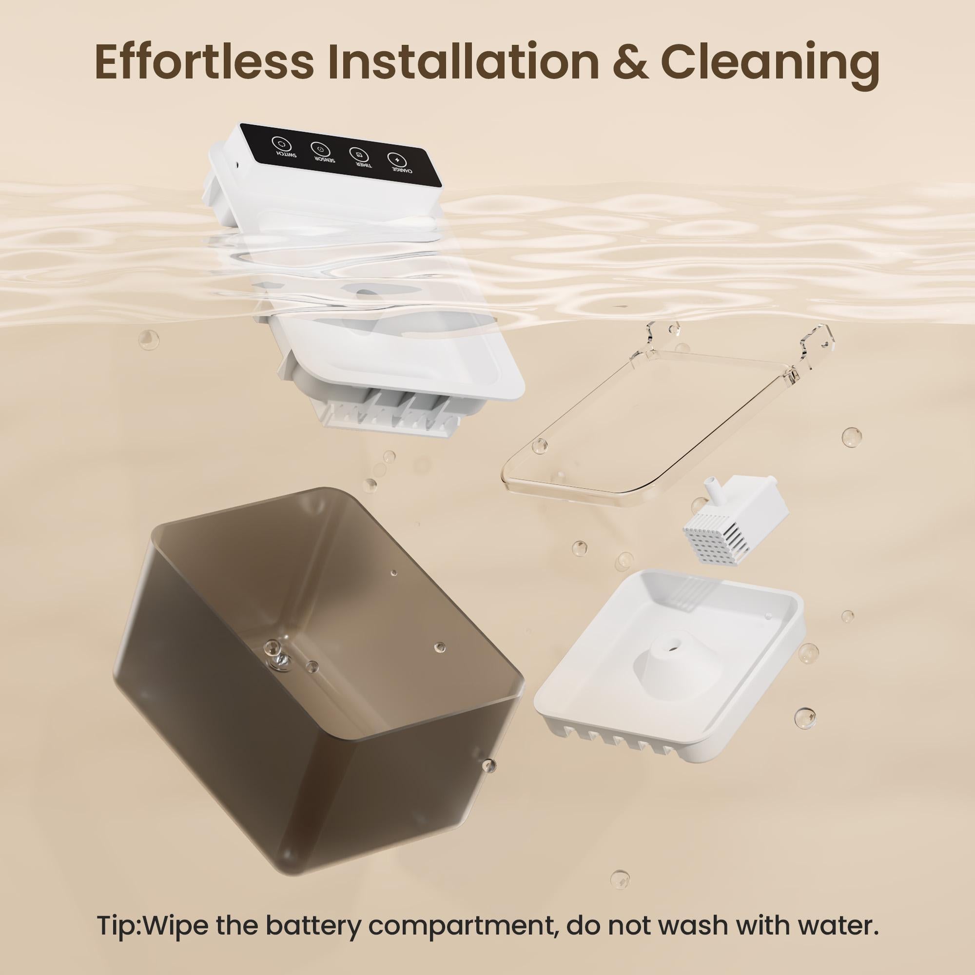Product installation and cleaning instructions with text overlay on a beige background