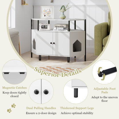 Corner Cat Litter Box Enclosure with Open Shelf 2 Entrances and Metal Legs