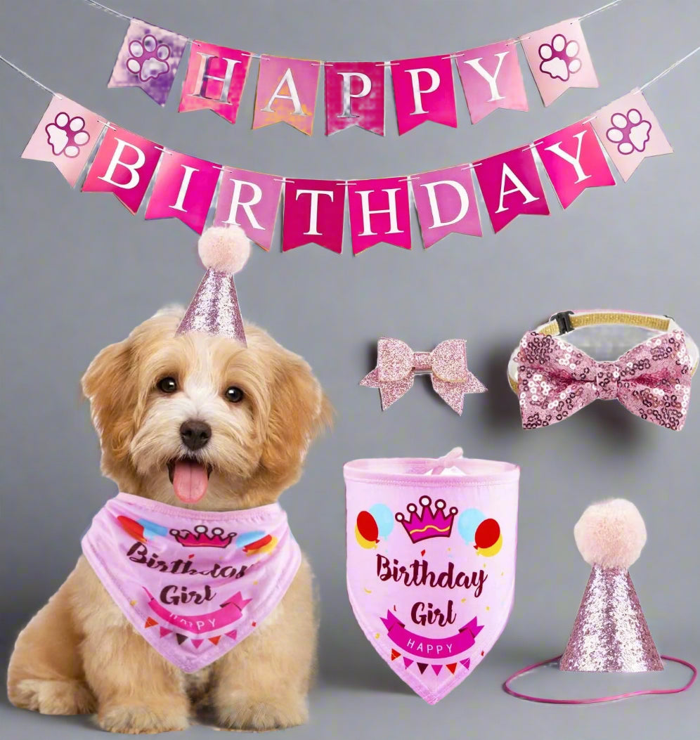 Dog Birthday Party Supplies Bandana Hat Banner Set Boy Girl Cute Bow Tie Scarf Dog Birthday Decorations (Pink，Dog Girl)