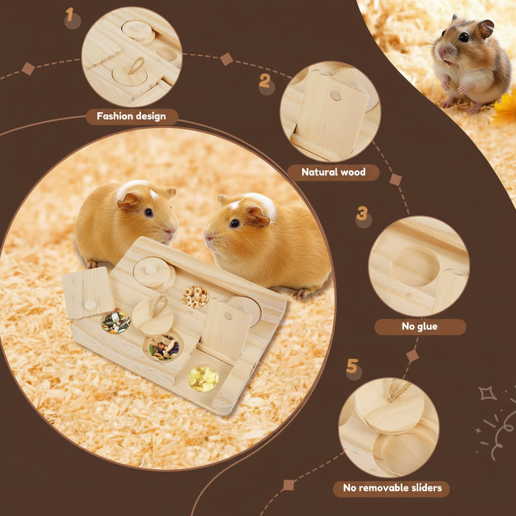 Wooden Rodent Puzzle toy with guinea pigs and details on design, on a brown background 