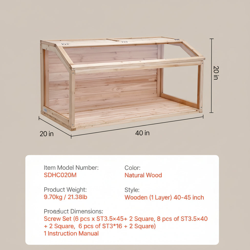 Wooden display case with dimensions and product details on a white background
