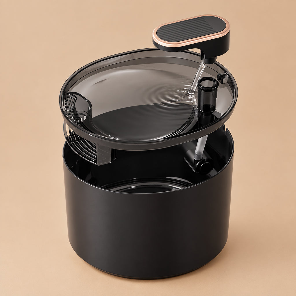 Black pet water fountain with transparent top on a beige background