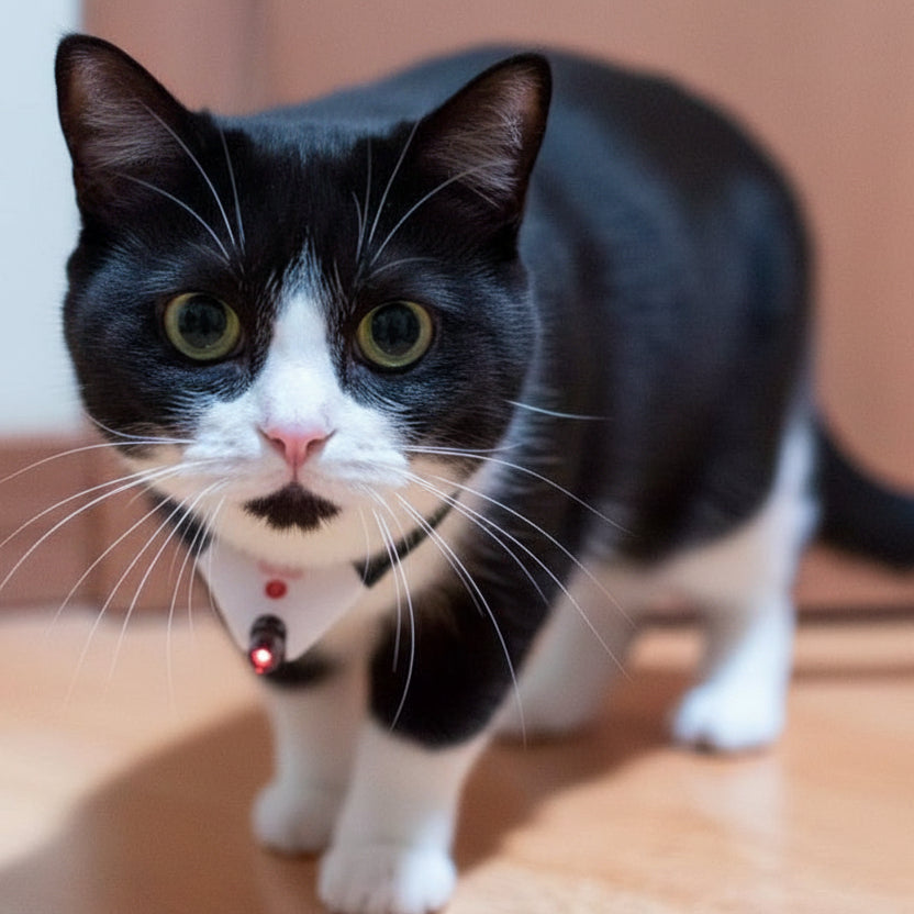 Cat wearing a collar with a red light on a wooden floor