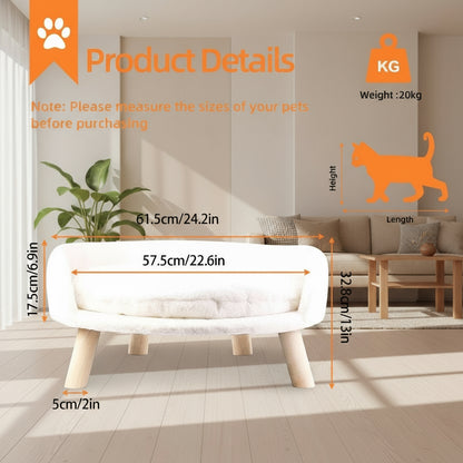 Luxury Cat Bed Soft Warm Plush Fabric Pet Nesting Chair Bed Stool Wood Legs with Cushion Pad Washable Waterproof for Small Pets
