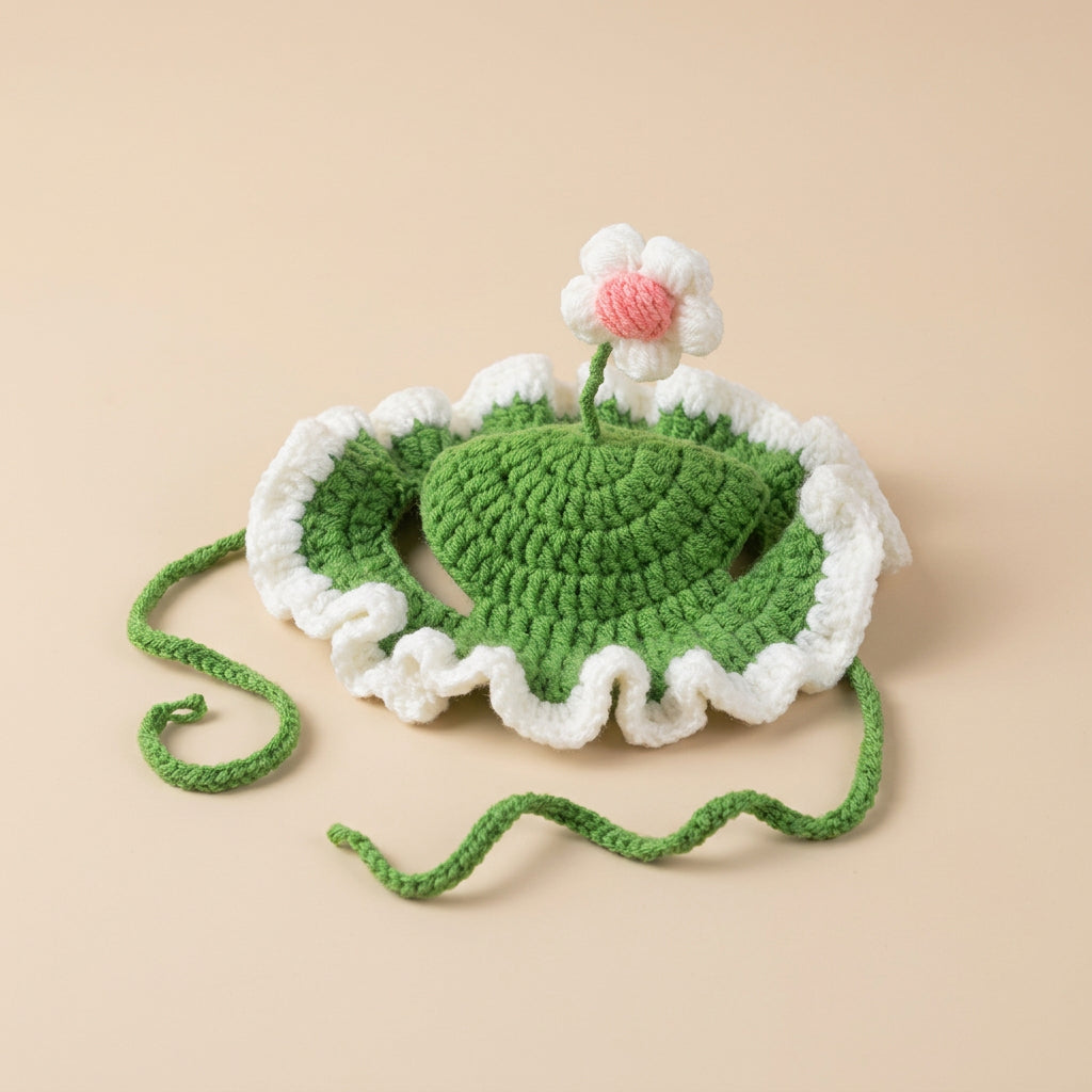 Crocheted green pet hat with a white flower and pink center on a light gray background