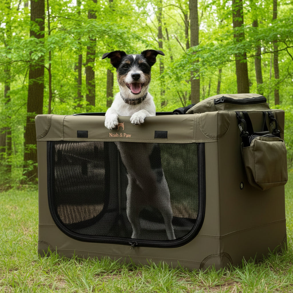 Dog standing on a portable pet pen in a forest setting