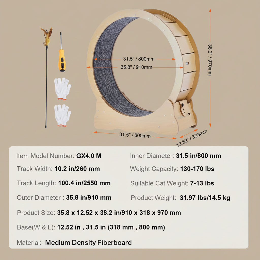 Pet exercise wheel with dimensions and specifications on a beige background