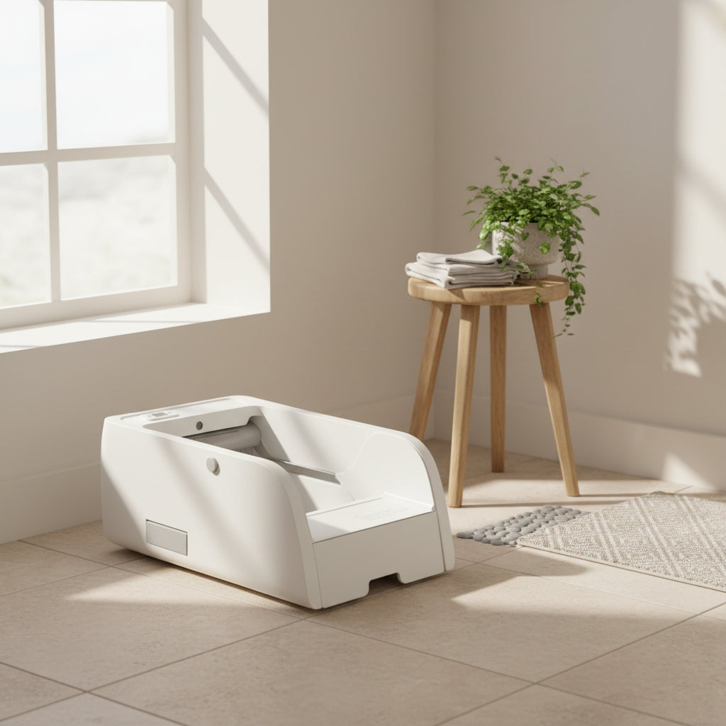 Smart cat litter box in a bathroom setting.