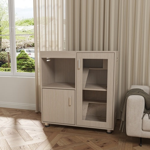 Light wood pet cabinet in a room with a window and sofa