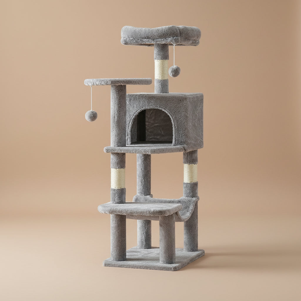 Gray cat tree with multiple levels and a round platform on a beige background