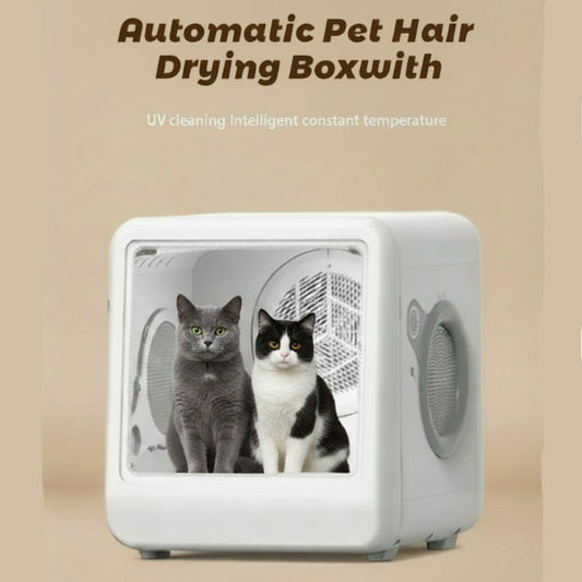 Automatic pet hair drying box with two cats inside on a beige background