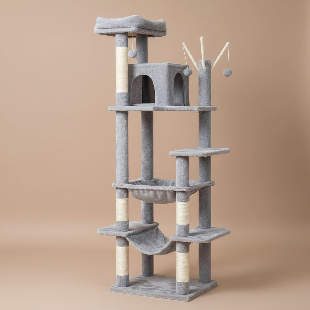 Gray cat tree with multiple levels and climbing features on a beige background