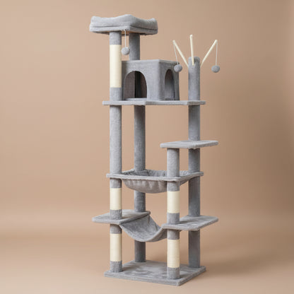 Gray cat tree with multiple levels and climbing features on a beige background