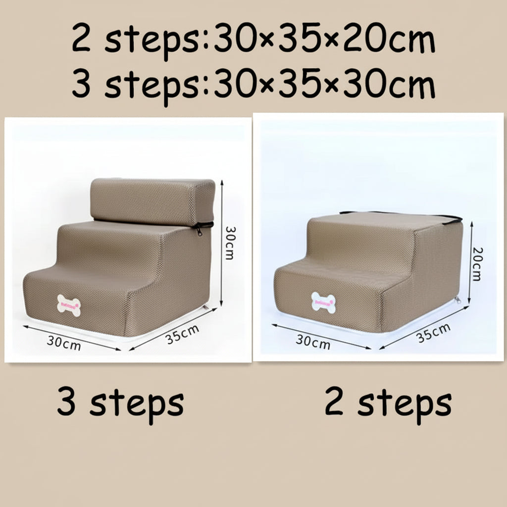 Beige Dog steps with dimensions labeled on a white background