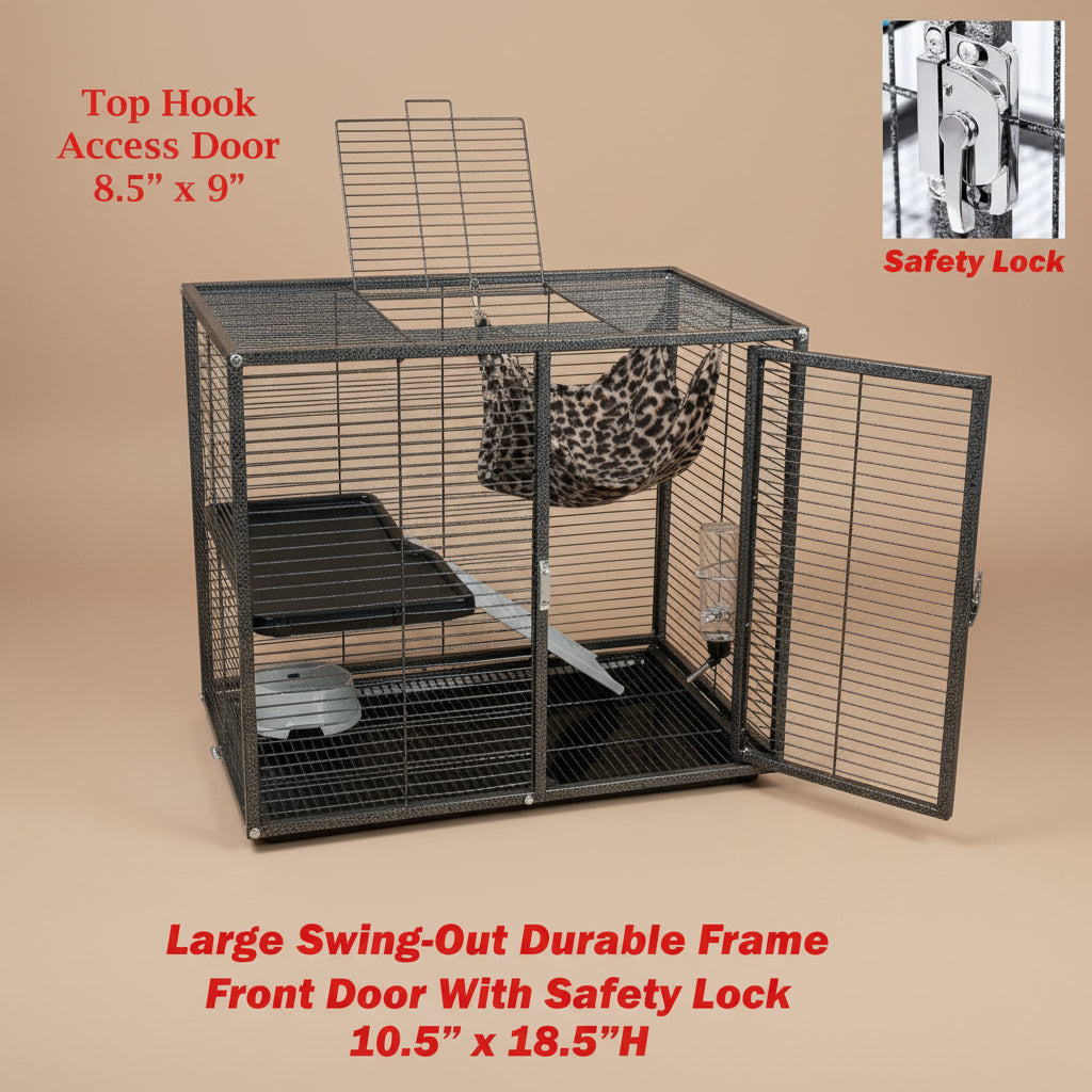 Pet cage with swing-out durable frame, safety lock, and leopard print hammock.