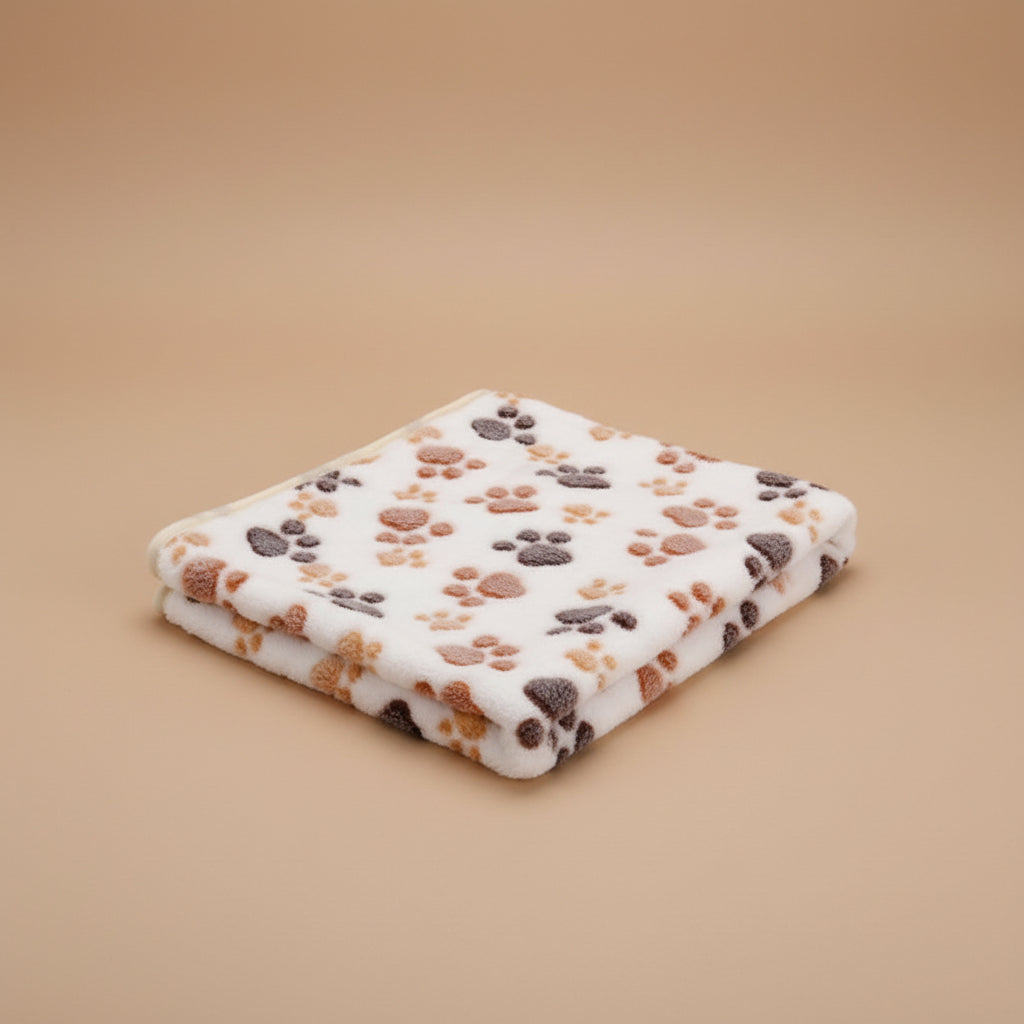 Fluffy blanket with paw print pattern on a soft surface
