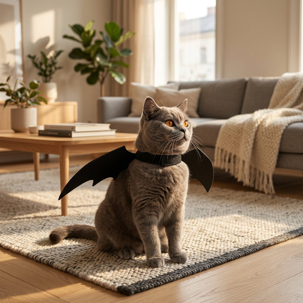 A gray cat wearing a black bat-wing costume accessory around its neck, sitting carpet in a living room setting.
