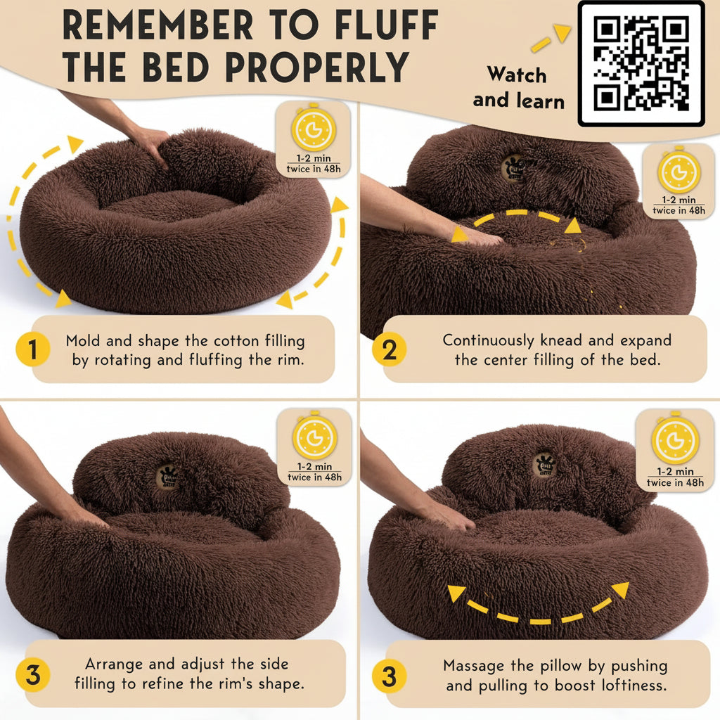 Instructions for fluffing a brown pillow with images and text on how to properly shape it.