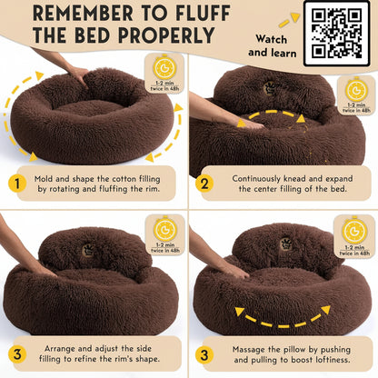 Instructions for fluffing a brown pillow with images and text on how to properly shape it.