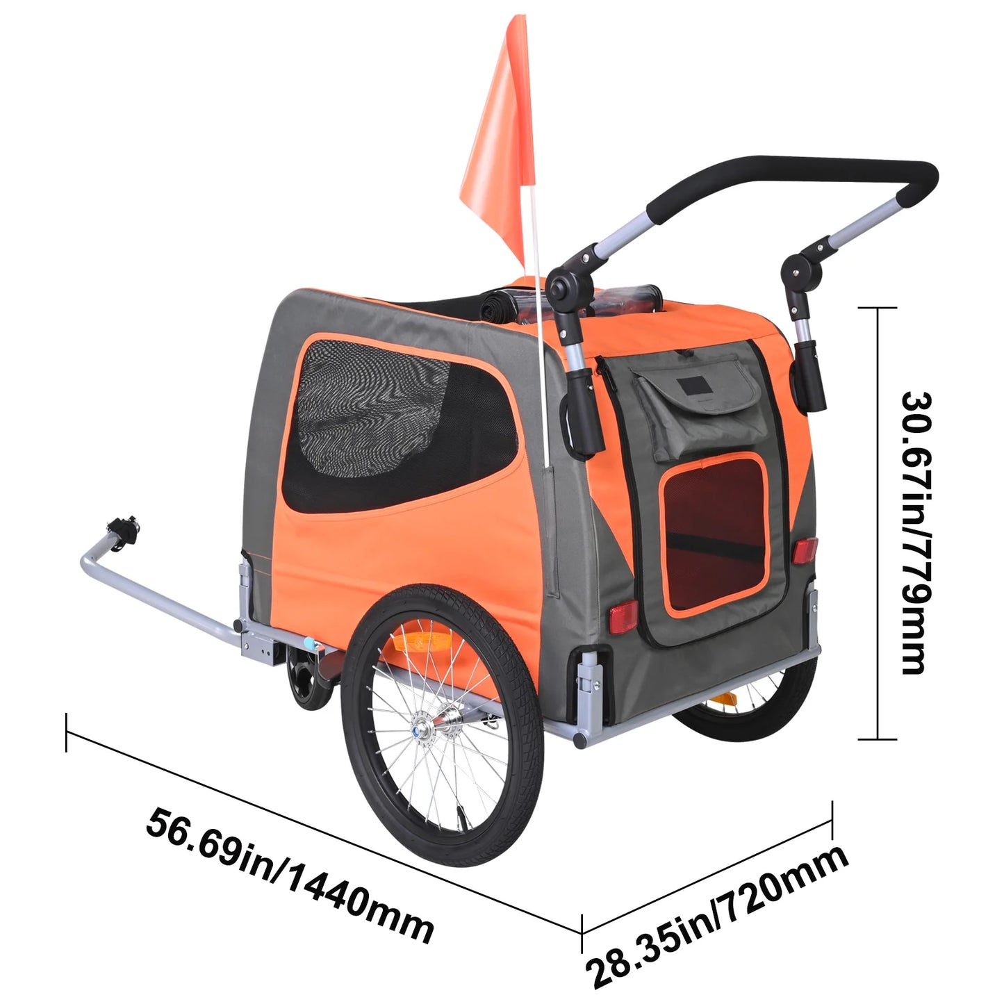 Dog Bike Trailer, Supports up to 66 Lbs, 2-In-1 Pet Stroller Cart Bicycle Carrier, Easy Folding Cart Frame with Quick Release Wheels, Universal Bicycle Coupler, Reflectors, Flag, Orange/Gray