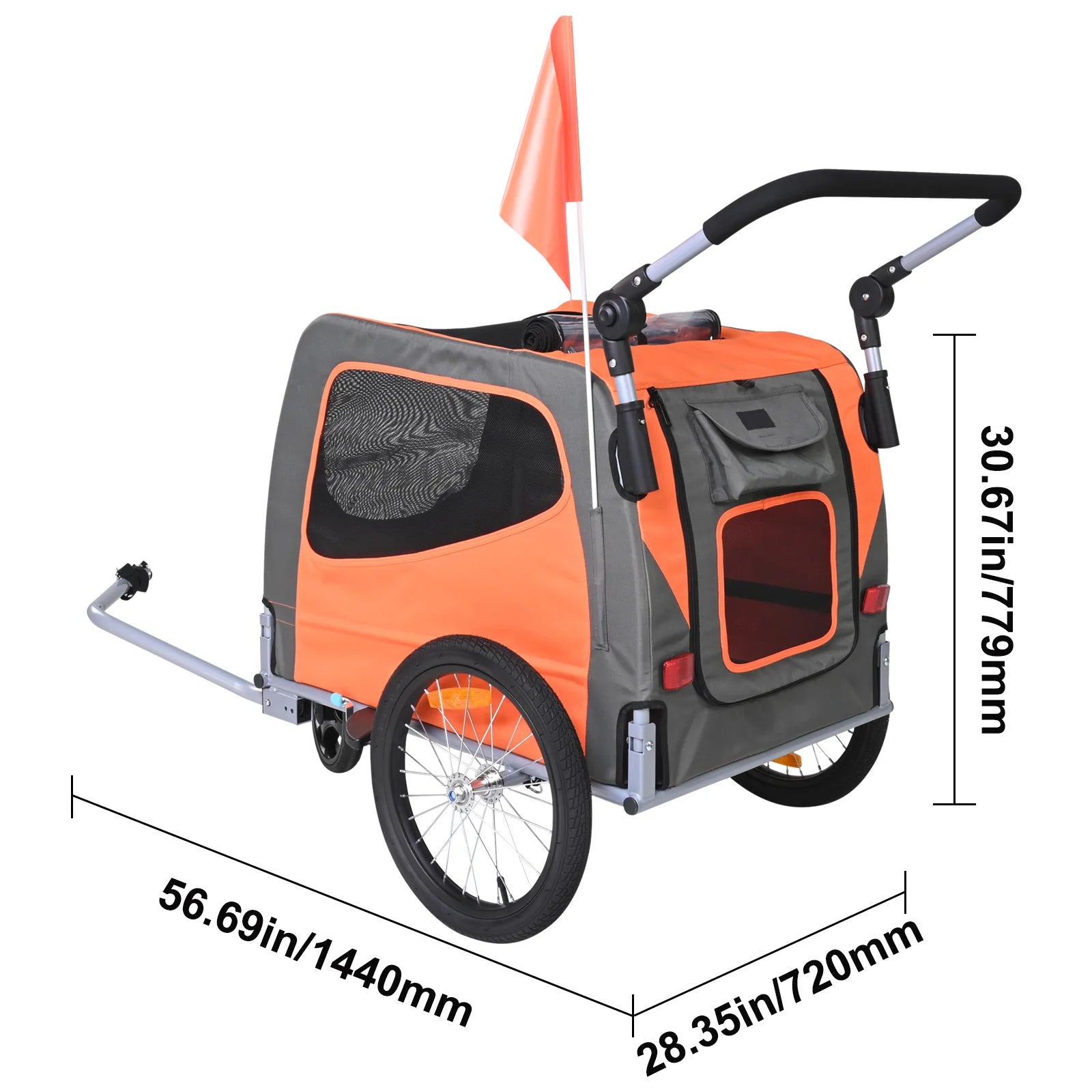Dog Bike Trailer, Supports up to 66 Lbs, 2-In-1 Pet Stroller Cart Bicycle Carrier, Easy Folding Cart Frame with Quick Release Wheels, Universal Bicycle Coupler, Reflectors, Flag, Orange/Gray