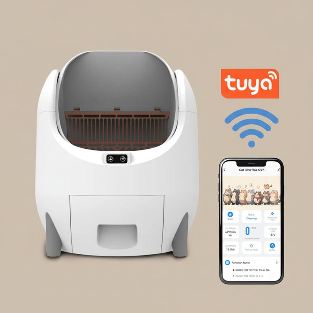 White automatic litter box with Tuya smart home app on a beige background