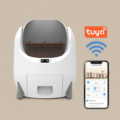 White automatic litter box with Tuya smart home app on a beige background