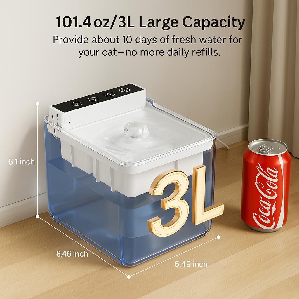 Large capacity cat water bowl with dimensions next to a Coca-Cola can to reference height
