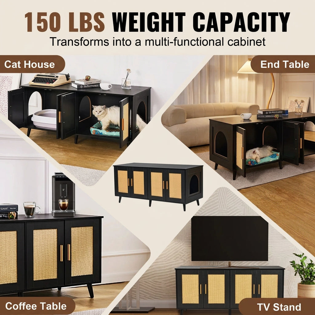 Multi-functional furniture piece with cat house, end table, coffee table, and TV stand capabilities.