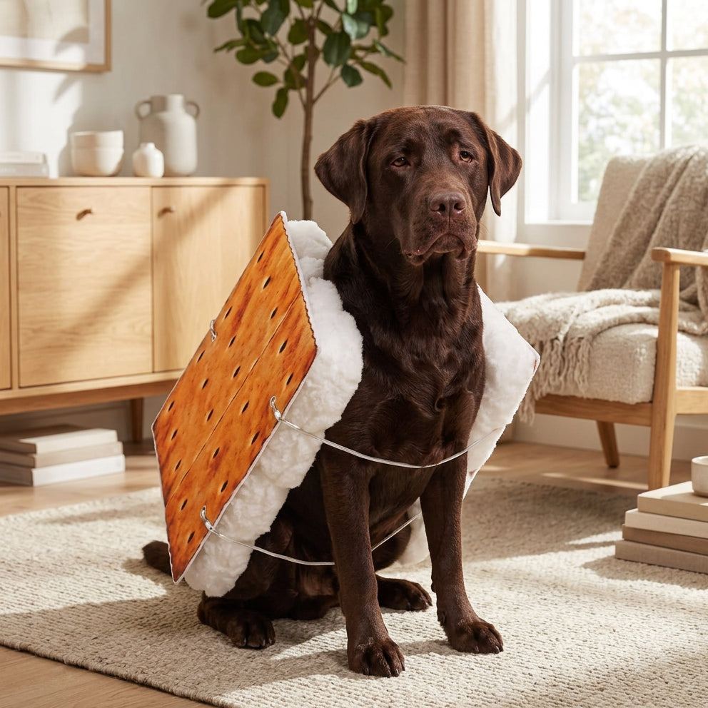 A dog costume designed to look like a graham cracker, shown on a brown Labrador retriever in a living room setting. 