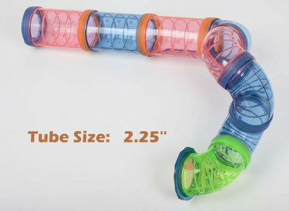 Colorful plastic tube toy with multiple bends on a white background