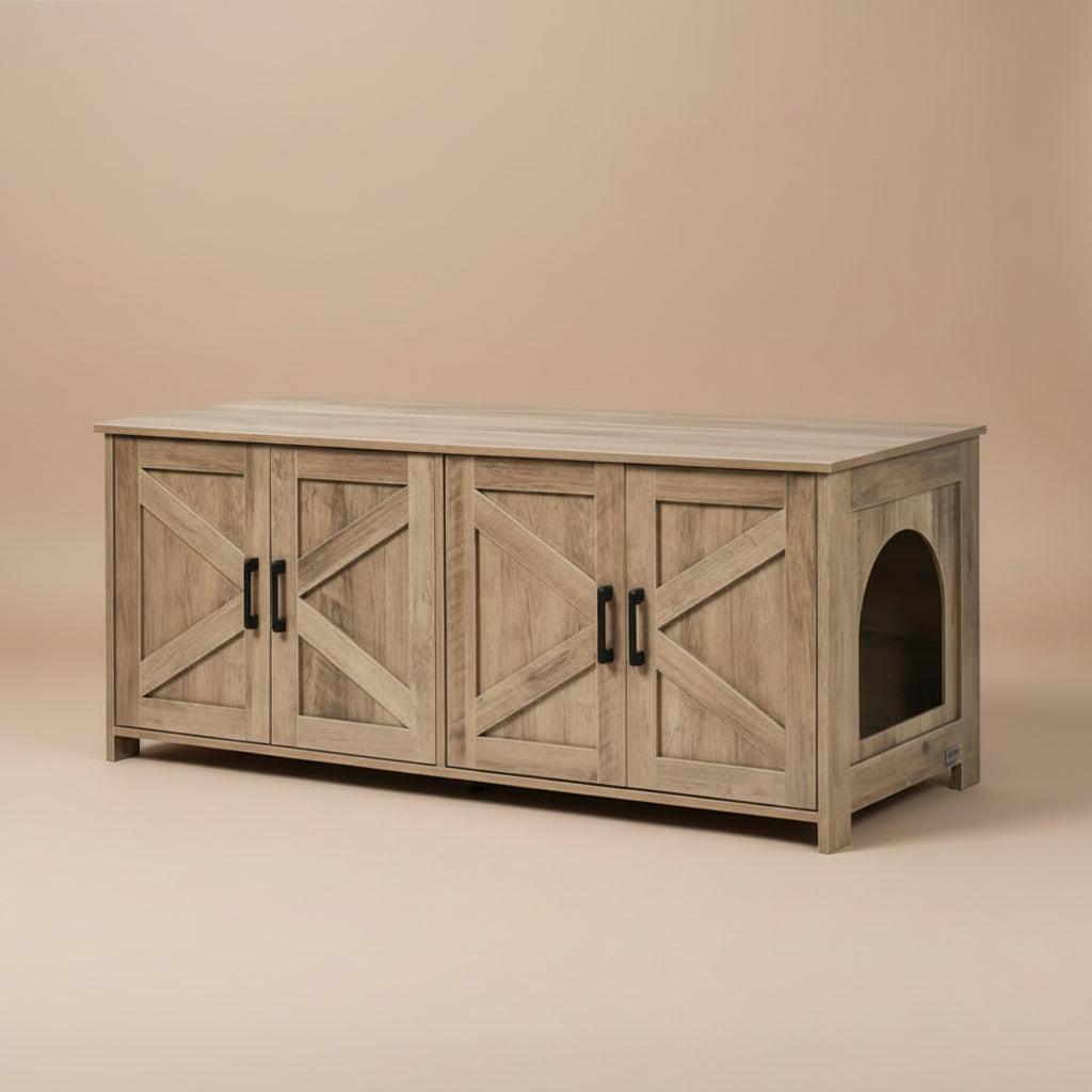 Wooden pet furniture on a beige background