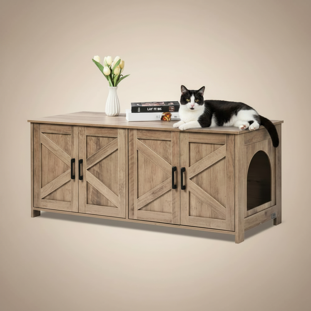 Wooden pet furniture with a cat sitting on top, books, and a vase on a white background