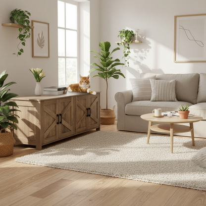 Wooden pet furniture with a cat sitting on top, books, and a vase in a living room setting