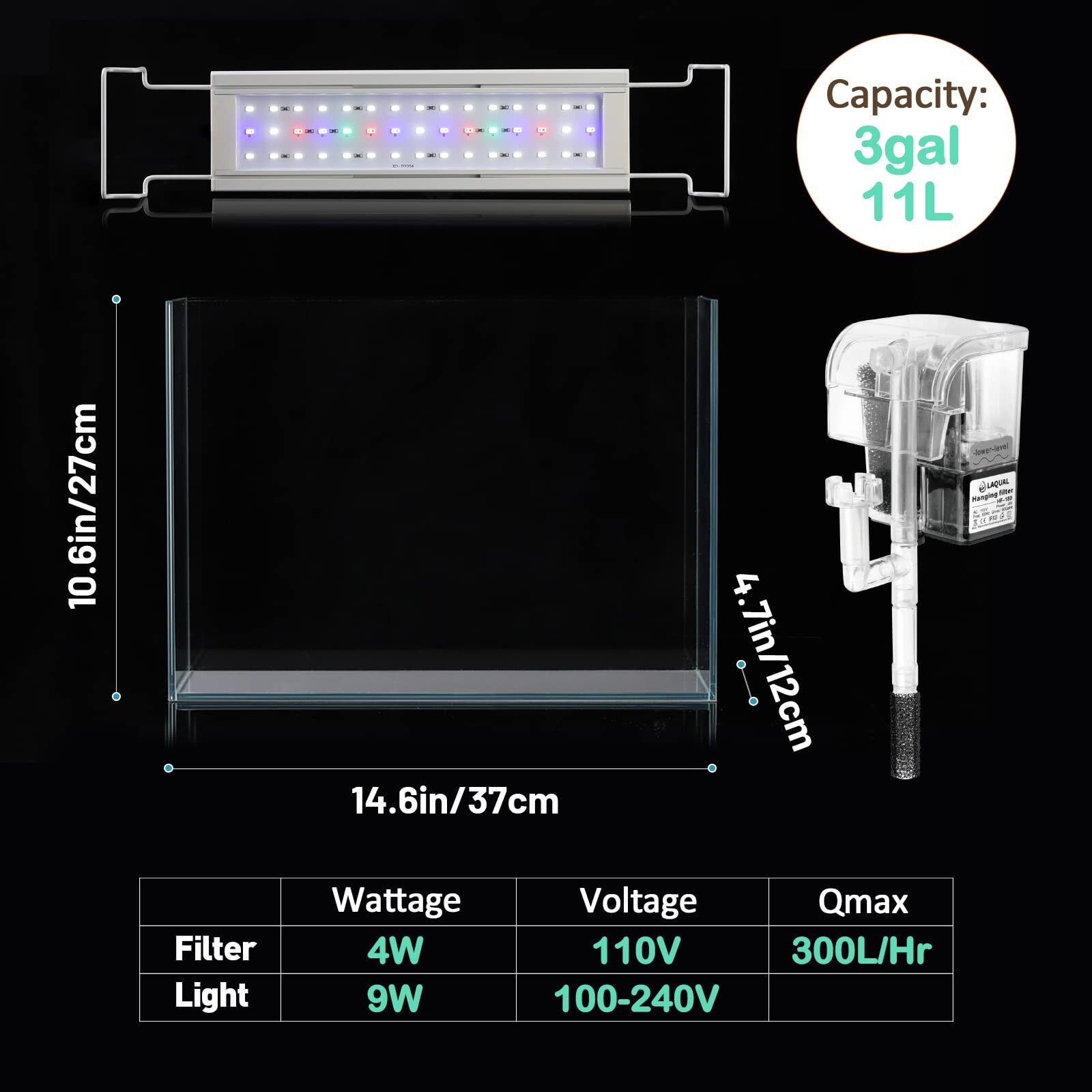 Rimless Glass Aquarium Starter Kit (3 Gal), Ultra Clear Low Iron Glass Fish T...