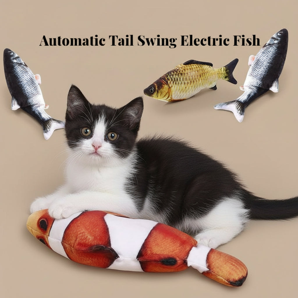 Cat playing with an automatic tail swing electric fish toy on a light surface.