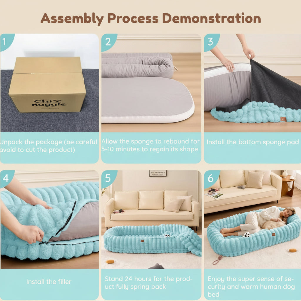 Step-by-step assembly process of a pet bed with text instructions.