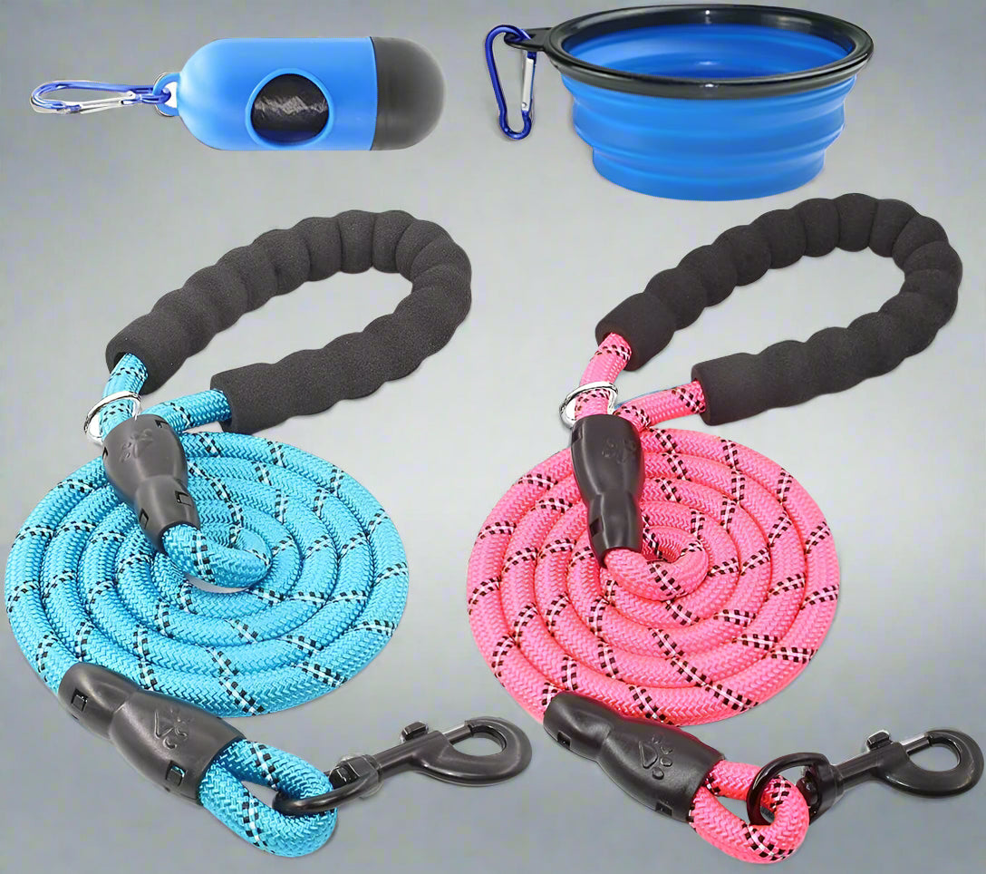 2 Packs 5/6 FT Dog Leash with Comfortable Padded Handle and Highly Reflective Threads Dog Leashes for Small Medium and Large Dogs (5FT-1/2'', Blue+Pink)